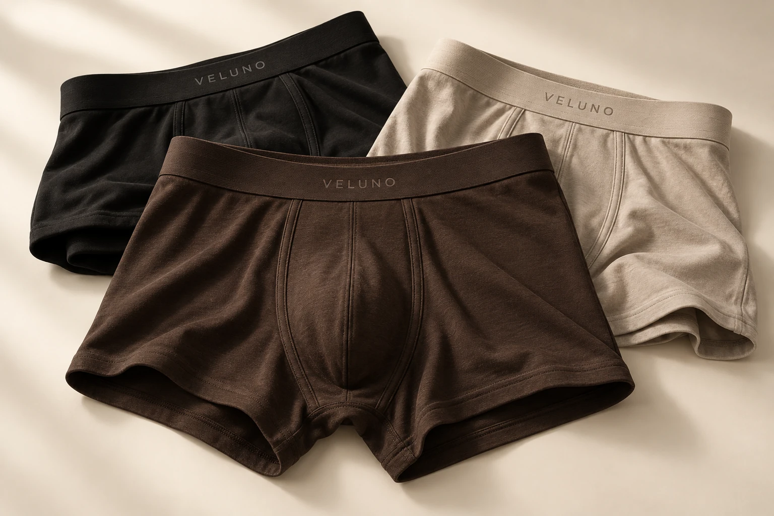 VELUNO boxer design concepts in espresso, black and stone