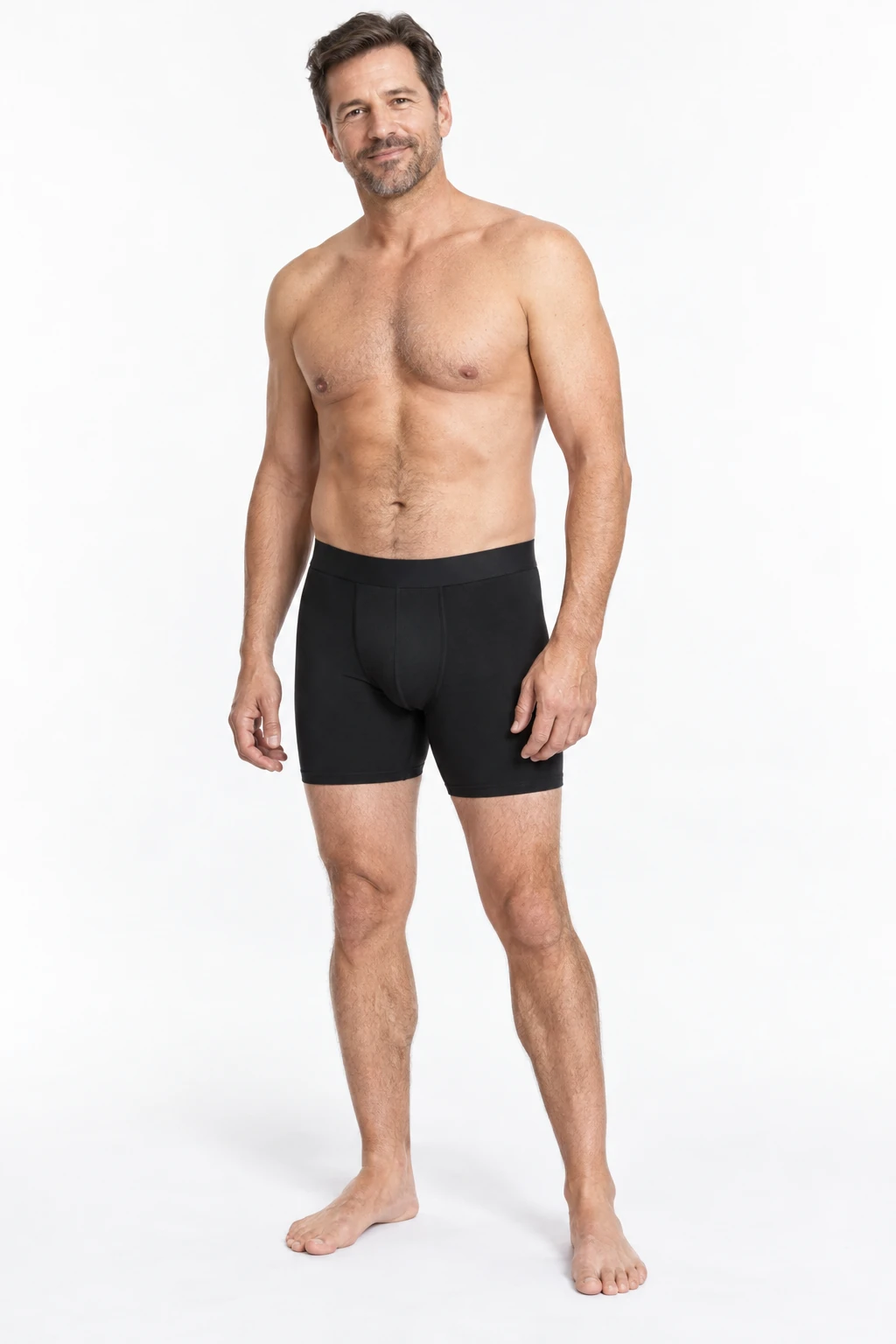 Adult man wearing the black VELUNO boxer brief, AI campaign concept